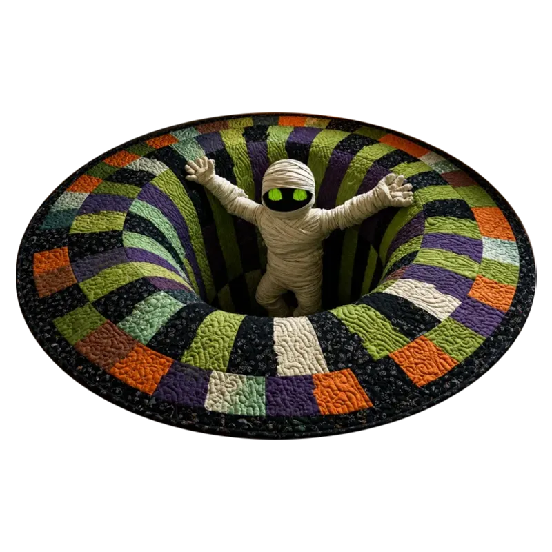 Mummy character emerging from a colorful 3D vortex Halloween rug
